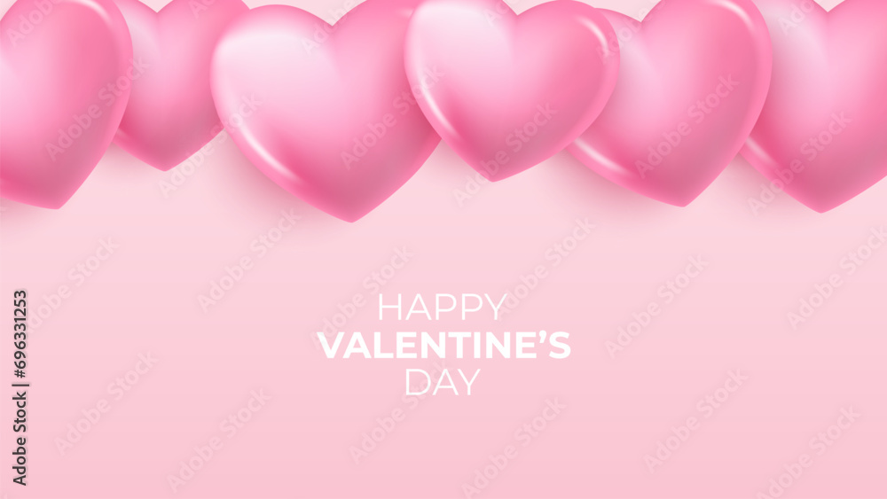 Happy Valentine's Day banner with 3d pink colored hearts. Valentines Day holiday festive background. Vector illustration.