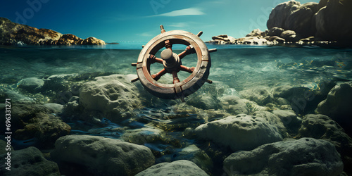 ship wheel on boat with sea and sky. freedom and adventure,, Ships wheel navigating through stormy seas