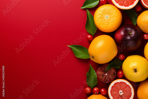 Citrus Fruits with Red apple Background  concept of healthy eating  dieting  top down flat lay on Red Background