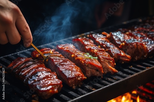 Photo of a chef grilling juicy pork ribs with barbecue sauce. Generative AI photo