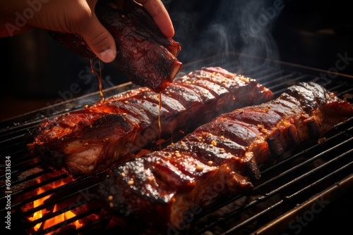 Photo of a chef grilling juicy pork ribs with barbecue sauce. Generative AI