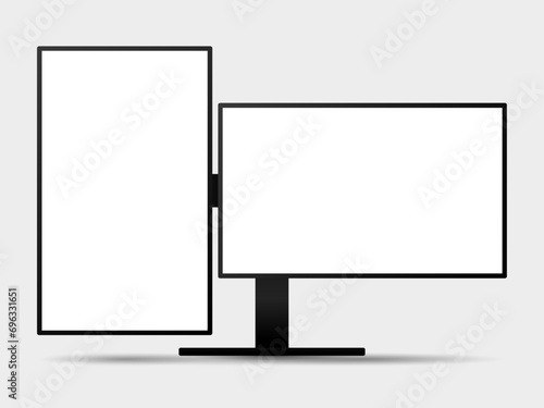 front view of 2 screen computer monitor mockup with blank white display vector