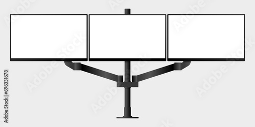 front view of 3 screen computer monitor mockup with blank white display vector