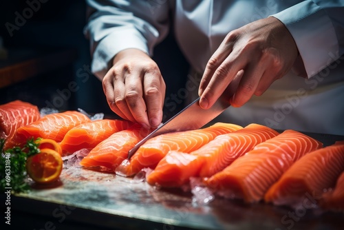 Photo of a hands meticulously slicing sashimi pieces. Generative AI photo