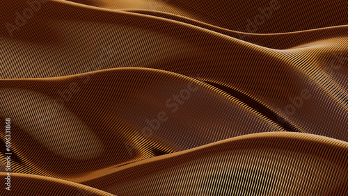 surface of long copper tubes, wires bent by waves floating in space, abstract background, conceptual modern design art looped