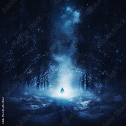 Dark winter forest background at night  ai technology