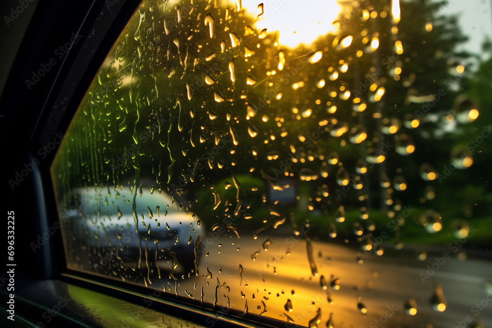 Water drops on glass in car window after rain, water droplets on the car glass surface. Backgrounds scenery outside blurred
