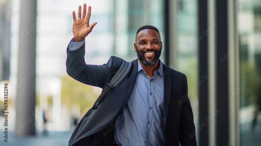 Young business man wearing suit waving hand saying hello happy and smiling Young business man wearing suit waving hand saying hello happy and smiling