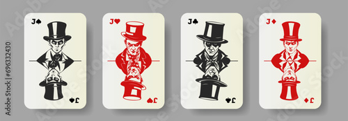 Playing Card Set, Jack Spades Hearts Clubs Diamonds. Portraits of an evil knave in a top hat. Collection of graphic scary faces. photo