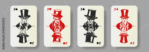 Playing Card Set, Jack Spades Hearts Clubs Diamonds. Portraits of an evil knave in a top hat. Collection of graphic scary faces.