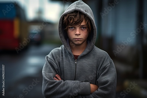 Portrait of a boy in a hoodie, in the style of urban grunge, Panasonic GH5, rebellious expressions, low key image, gritty texture, street art, hip hop influence. Generative AI