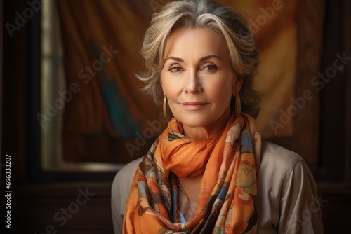 Portrait of a mature woman in a silk scarf, in the style of warm colors, Sony A7R IV, elegant expressions, shallow depth of field, classic image, oil painting, vintage influence.. Generative AI