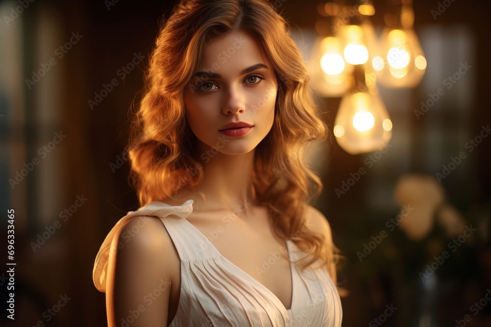 portrait of woman in white dress, in the style of golden light, nikon d850, serene faces, uhd image, free brushwork, soviet, beautiful women. Generative AI