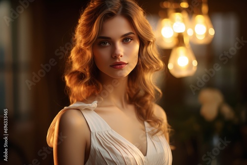 portrait of woman in white dress, in the style of golden light, nikon d850, serene faces, uhd image, free brushwork, soviet, beautiful women. Generative AI