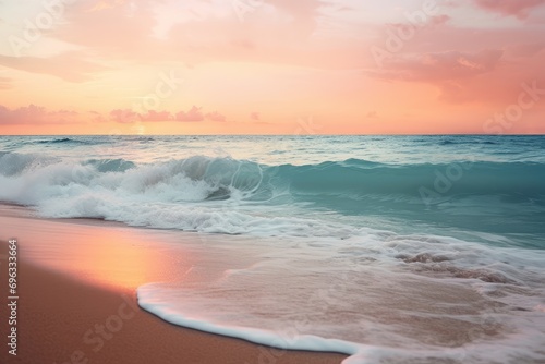 waves on the beach at sunset, light pink and turquoise, serene maritime themes, afro-caribbean influence, light amber and azure, documentary travel photography. Generative AI