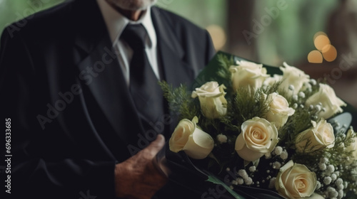 Close up of mature widower in black suit holding whiter roses while standing at his wife funeral photo