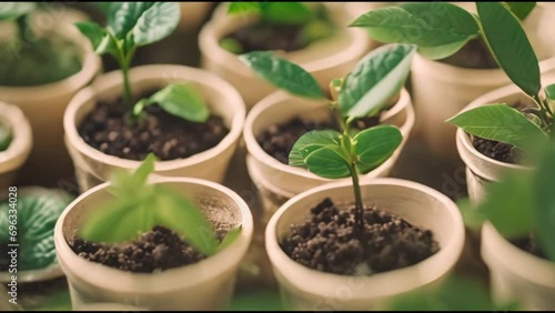 New born baby plants sprouts blushing in pot also absorb sunrays for photosynthesis process close up slow motion Timelapse, Sprouts germination growth in nursery greenhouse agricultural. photo