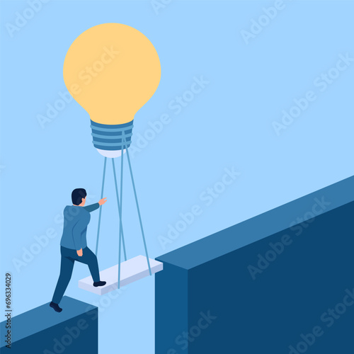 people cross the abyss with the help of the idea lamp bridge, metaphor of business assistance. Simple flat conceptual illustration.
