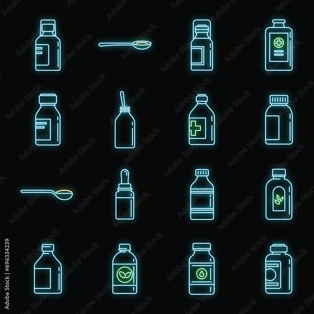 Cough syrup bottle icons set. Outline set of cough syrup bottle vector icons neon color on black Cough syrup bottle icons set. Outline set of cough syrup bottle vector icons neon color on black