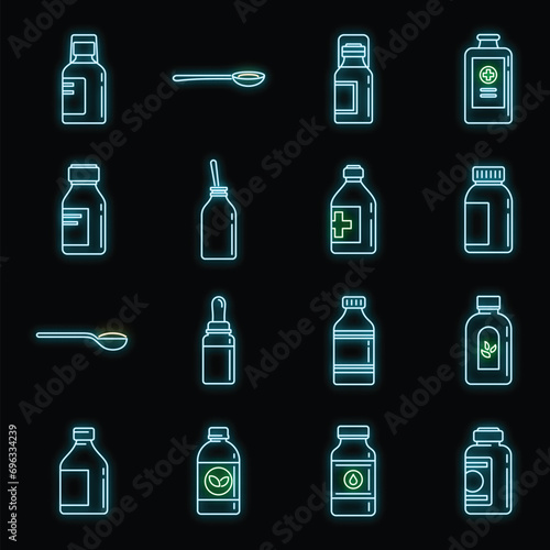 Cough syrup bottle icons set. Outline set of cough syrup bottle vector icons neon color on black