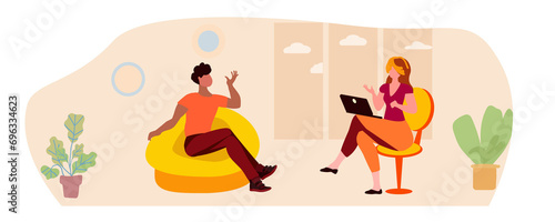 Woman and man talking in a room with a window, vector illustration