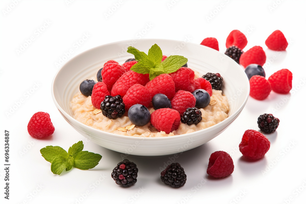 oatmeal with berries on a white photo. generative ai
