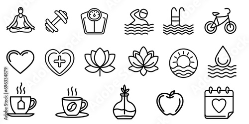 Wellness icon, Set of line icons related to wellbeing, healthcare, spa, sport. Outline icon collection.