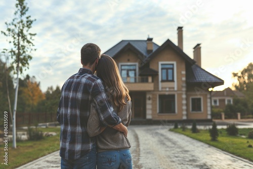 Happy young couple standing in front of their new house with their backs turned, symbolizing the start of a new chapter as homeowners, showcasing a lifestyle real estate concept