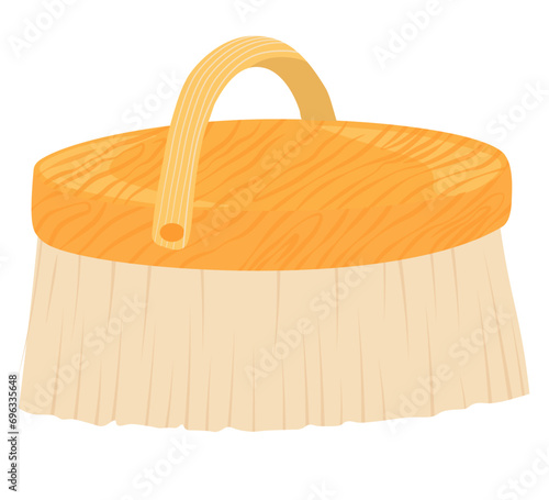 Body brush, washcloth for shower and bath. Vector stock illustration. Hygiene. Wooden handle and bristles.  Isolated on a white background.