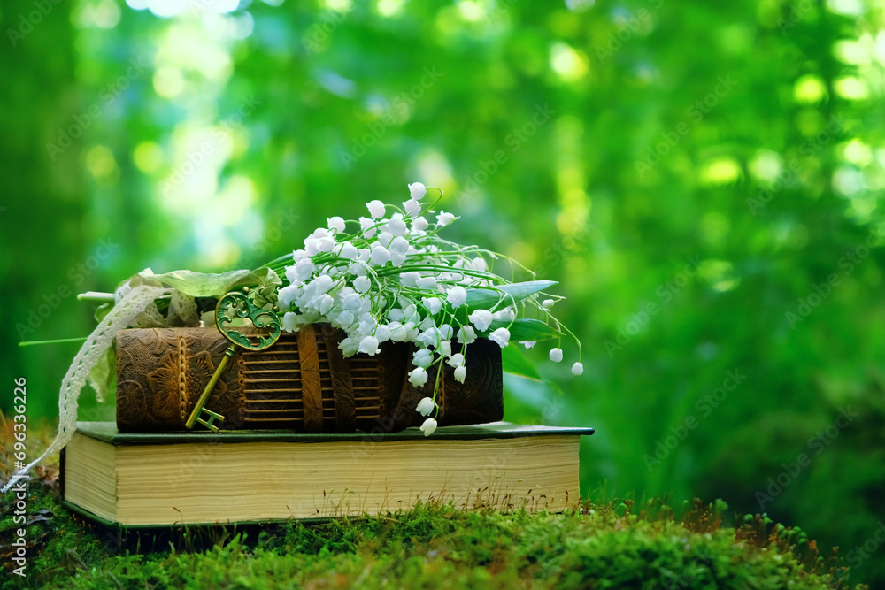 spring nature background. Lily of the valley flowers, vintage key and old books in forest. symbol of spring season. romantic composition with flowers. secret garden concept. template for design - obrazy, fototapety, plakaty 