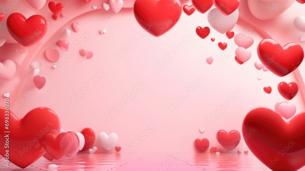 Photo Zone. Podium. With arches and balloons in the shape of hearts on a light pink background. Congratulations. Valentine's Day concept. Copy space.