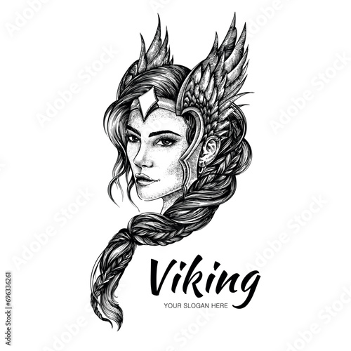 Black and white line art design with viking woman. Valkyrie. Vector illustration