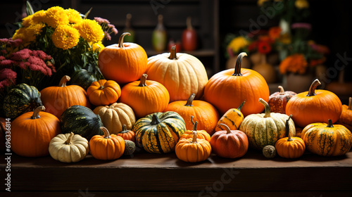 Harvest Elegance Conceptual Autumn Decor Featuring Colorful Pumpkins  Flowers  and Maple Leaves on a Wooden Table 