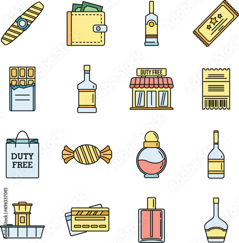 Travel duty free shop icons set. Outline set of travel duty free shop vector icons thin line color flat on white