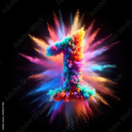 Number 1 - Colored powder explosion isolated on black background - One - Vibrant colors contrasting with a black background - Colorful dust burst