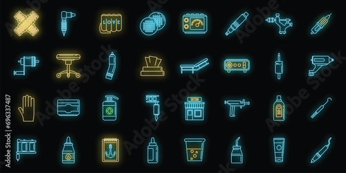 City tattoo studio icons set. Outline set of city tattoo studio vector icons neon color on black