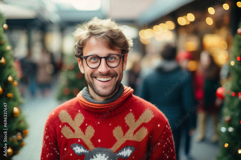 Merry fun young man wearing Christmas sweater with reindeer standing next to Christmas tree in workspace. Christmas time. Merry Christmas Merry fun young man wearing Christmas sweater with reindeer standing next to Christmas tree in workspace. Christmas time. Merry Christmas