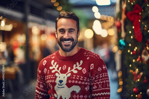 Merry fun young man wearing Christmas sweater with reindeer standing next to Christmas tree in workspace. Christmas time. Merry Christmas