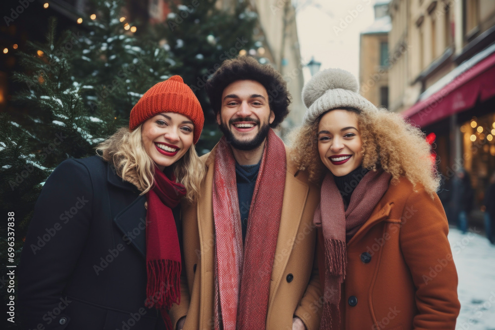 Friends standing together at Christmas fair while shopping. People enjoying the festive atmosphere, exploring Christmas souvenir shops, and selecting presents for the winter holidays Friends standing together at Christmas fair while shopping. People enjoying the festive atmosphere, exploring Christmas souvenir shops, and selecting presents for the winter holidays