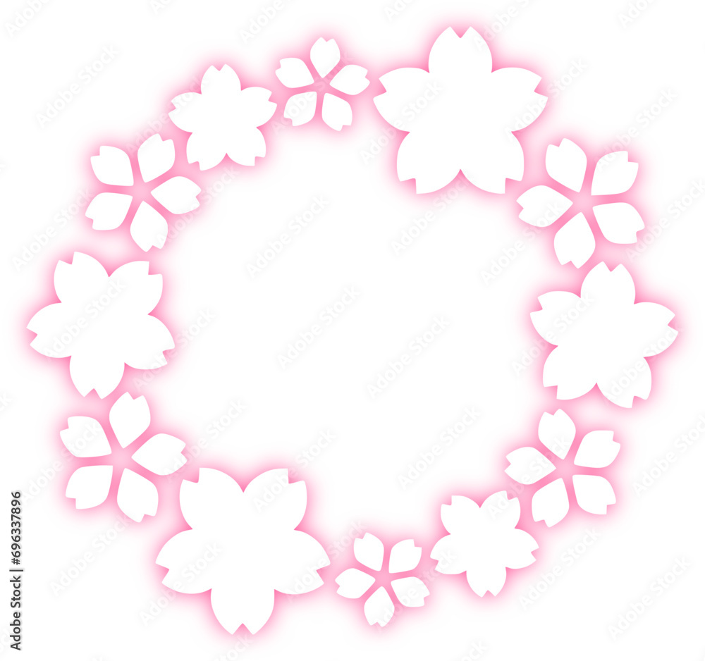 桜の丸いフレーム　ピンクと白の花のシンプルな枠イラスト