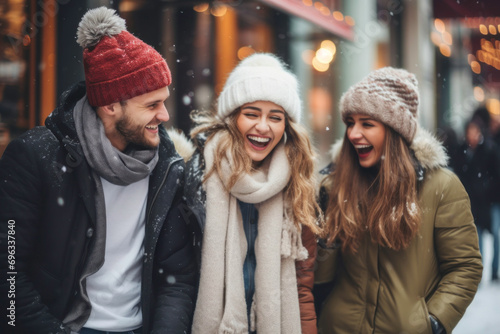 Friends standing together at Christmas fair while shopping. People enjoying the festive atmosphere, exploring Christmas souvenir shops, and selecting presents for the winter holidays © Przemek Klos