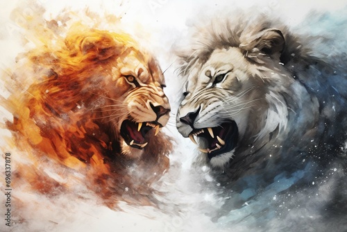 A closeup of fire in midst of a blizzard with an abstract image of two male lions fighting in the fire, colored ink illustration in the style of David Mack, white background photography photo