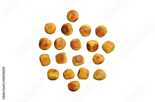 Fried Vegetarian falafel balls from spiced chickpeas in a pan.  Transparent background. Isolated.