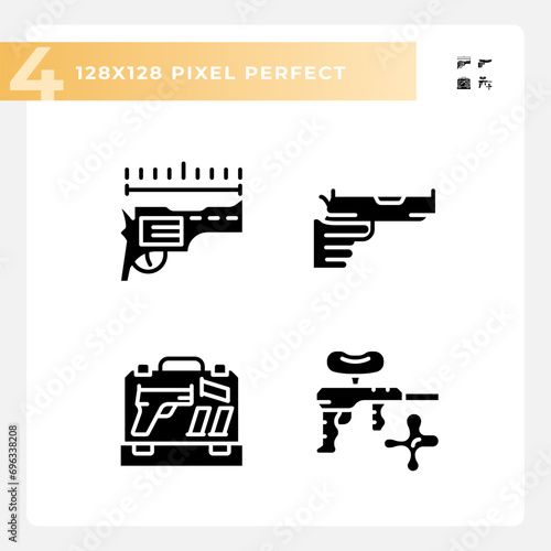 2D pixel perfect glyph style icons set representing weapons, flat silhouette illustration.