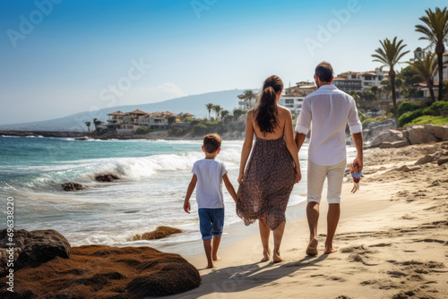 A diverse family exploring both the serene beach and bustling city © Veniamin Kraskov