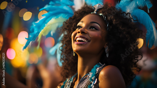 Young black woman in carnival costume on the street during carnival celebration