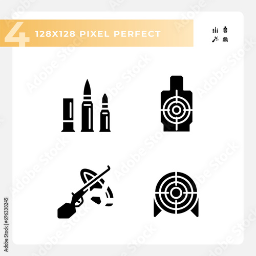 Pixel perfect glyph style icons set of weapons, flat silhouette illustration.