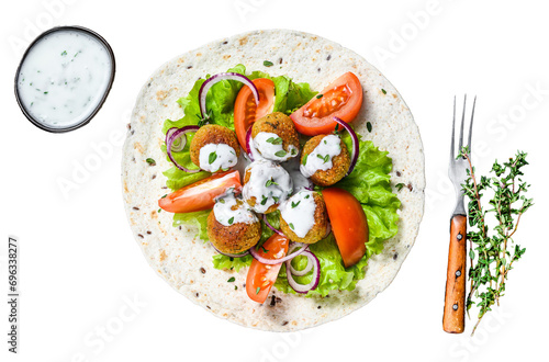 Vegetarian falafel with vegetables and tzatziki sauce on a tortilla bread.  Transparent background. Isolated.