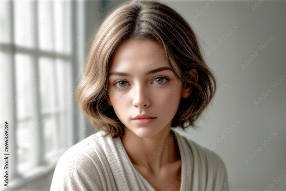 Portrait of Beautiful Mixed-Race Fair-Skin Young Woman with Mid-Long Hair, Indoors Behind Window Daylight Background Portrait of Beautiful Mixed-Race Fair-Skin Young Woman with Mid-Long Hair, Indoors Behind Window Daylight Background