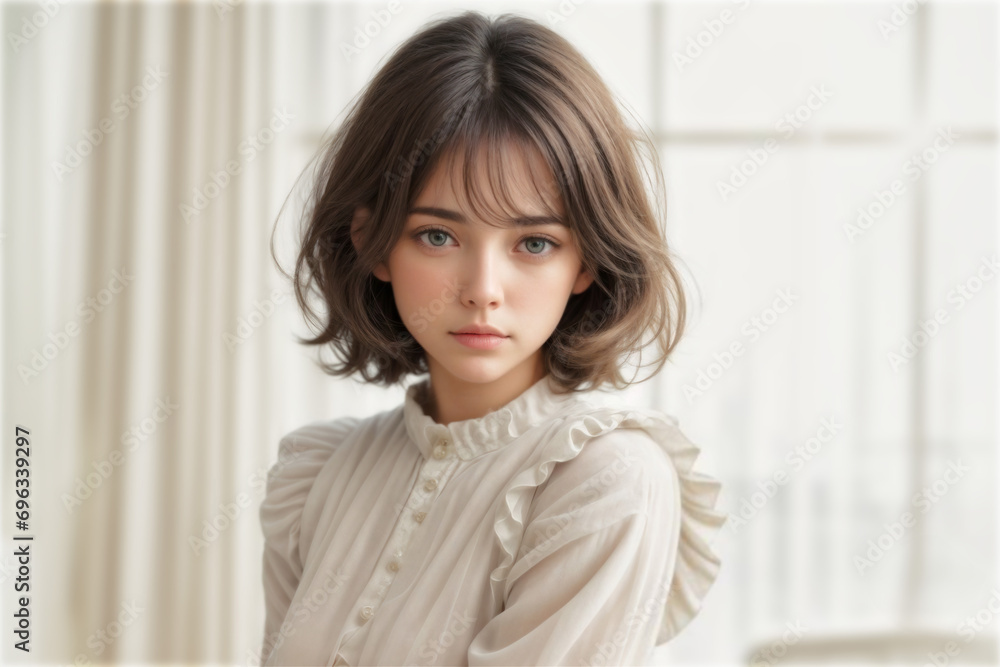 Portrait of Beautiful Mixed-Race Fair-Skin Young Woman with Mid-Long Hair, Indoors Behind Window Daylight Background Portrait of Beautiful Mixed-Race Fair-Skin Young Woman with Mid-Long Hair, Indoors Behind Window Daylight Background